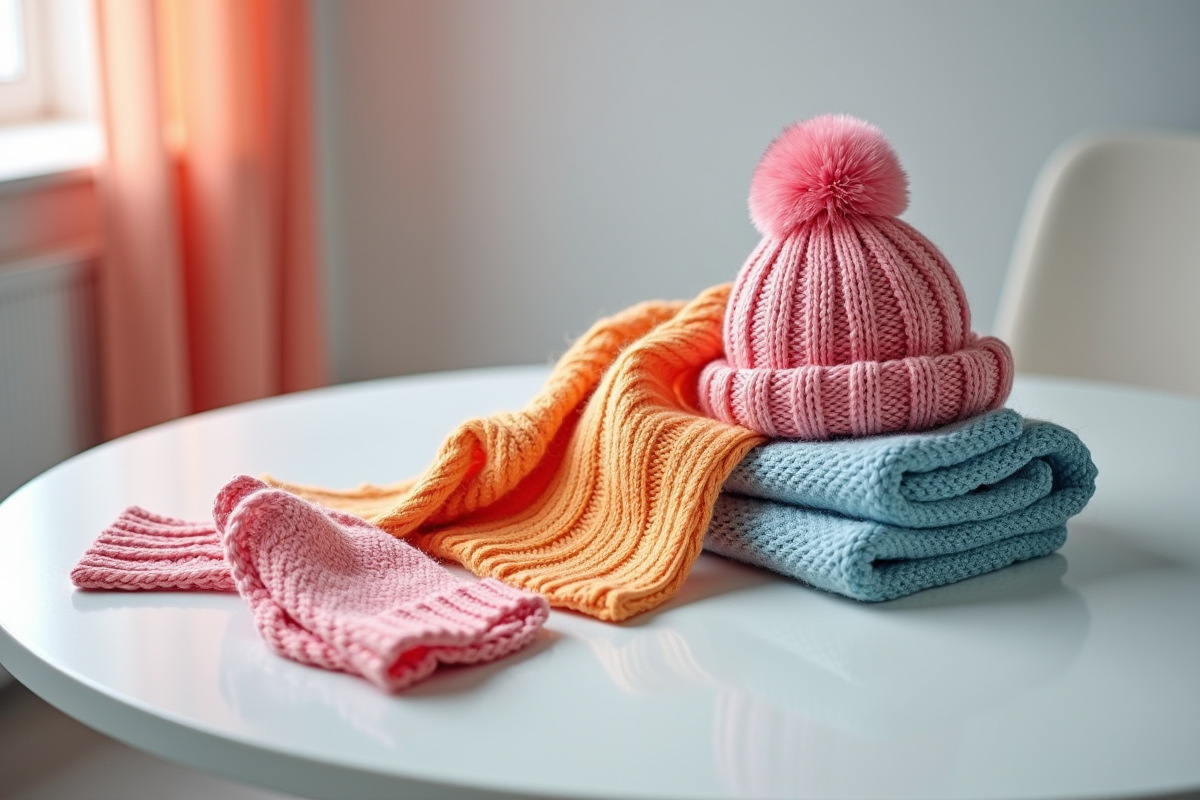 Accessoires d hiver colorés sur une table blanche lumineuse