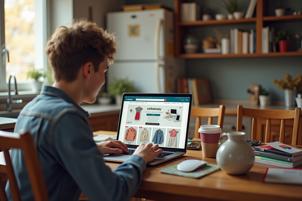 Personne utilisant un ordinateur pour vendre des objets d'occasion dans la cuisine
