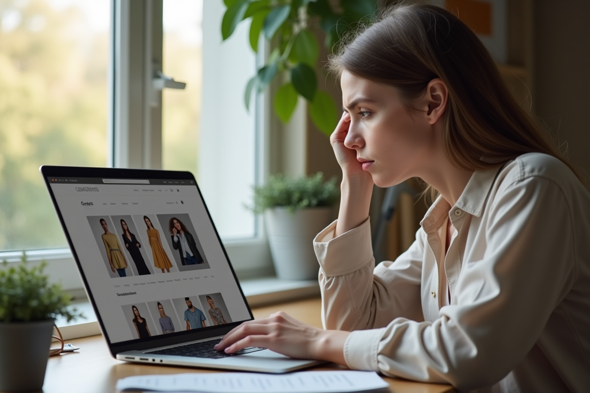 Acheteur inquiet regardant un site de mode sur son ordinateur
