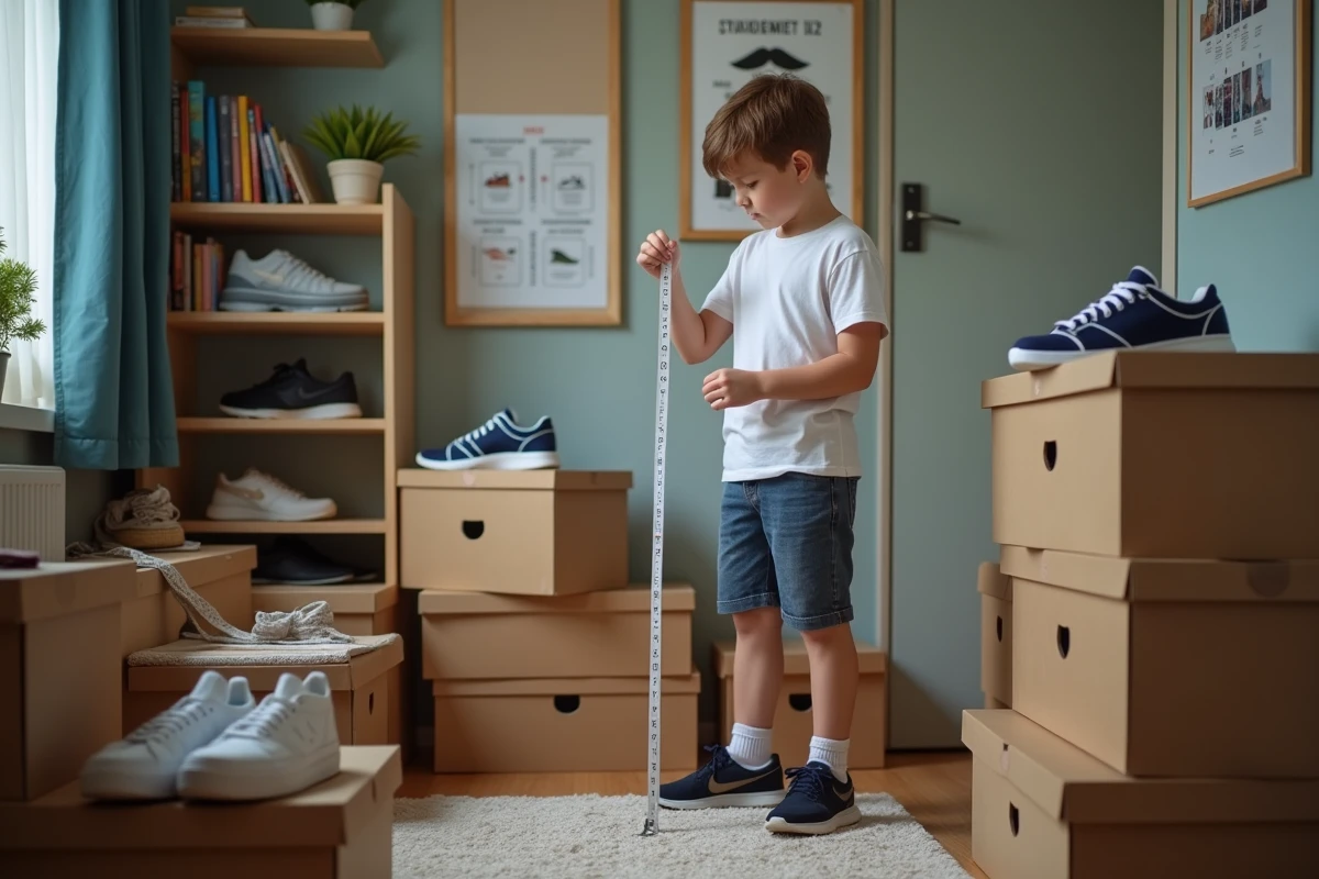Adolescent mesurant ses chaussures dans sa chambre