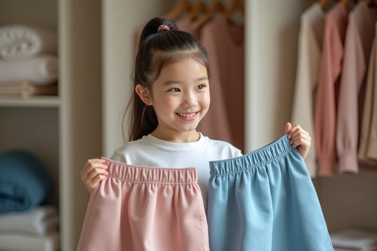 Jeune fille comparant deux jupes dans une pièce lumineuse
