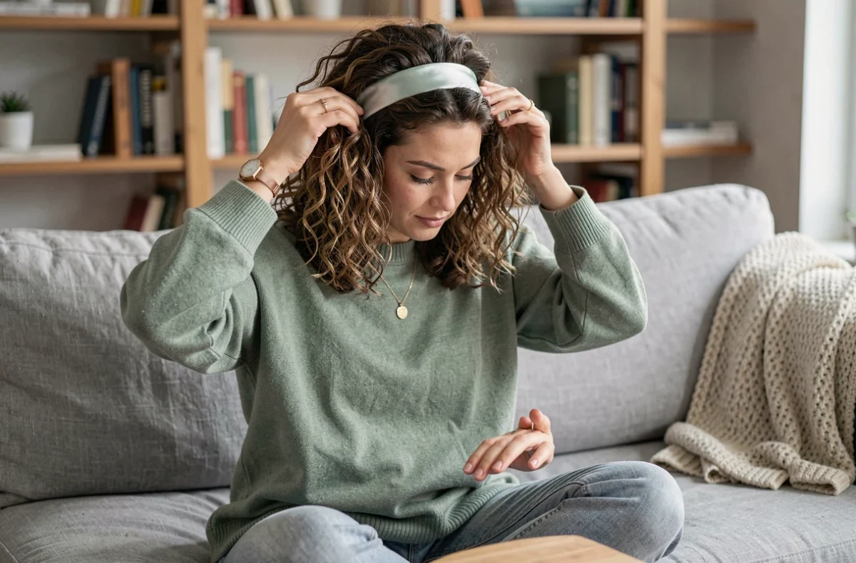 Femme aux boucles mi-longues ajustant un bandeau satiné sur ses cheveux sans les écraser, assise sur un canapé en lin gris