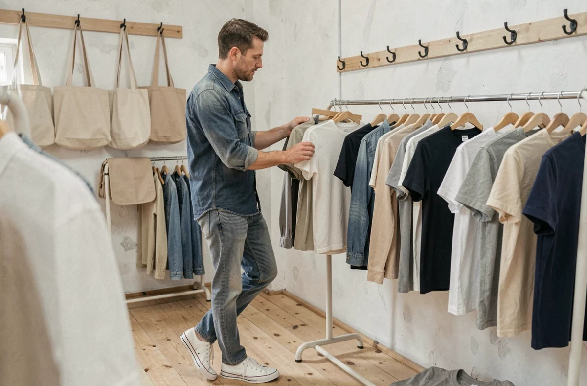Un homme feuillette les essentiels du vestiaire décontracté dans la boutique American Vintage à Toulouse, spécialisée en mode masculine intemporelle