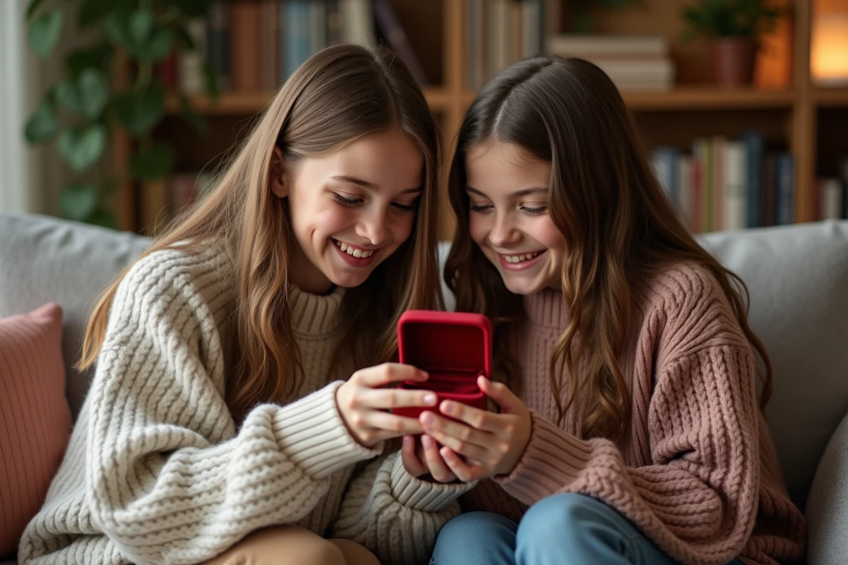 Deux adolescentes découvrent un bijou cœur en velours
