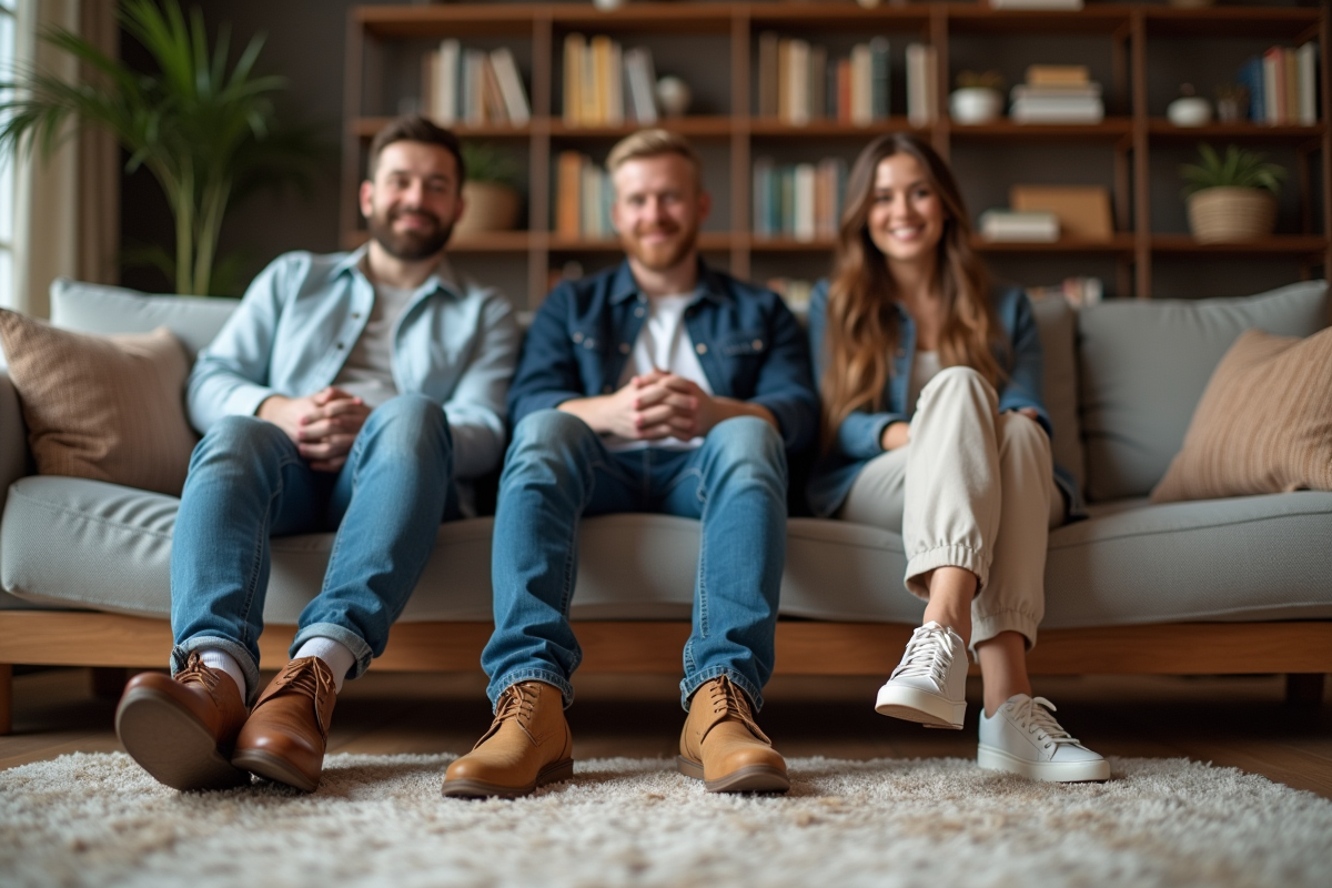 Trois amis avec chaussures stylées dans un salon moderne