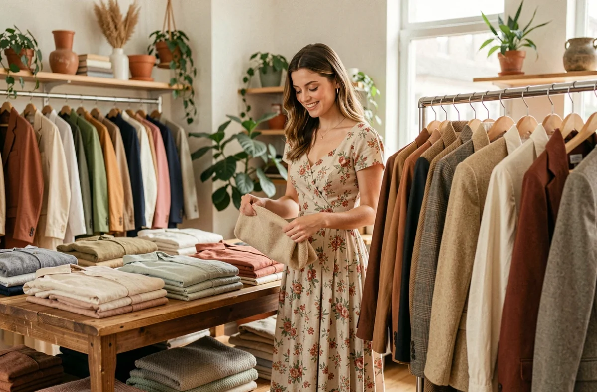 Boutique vintage Artichaut avec une vendeuse arrangeant des vêtements rétro soigneusement sélectionnés sur des présentoirs en bois