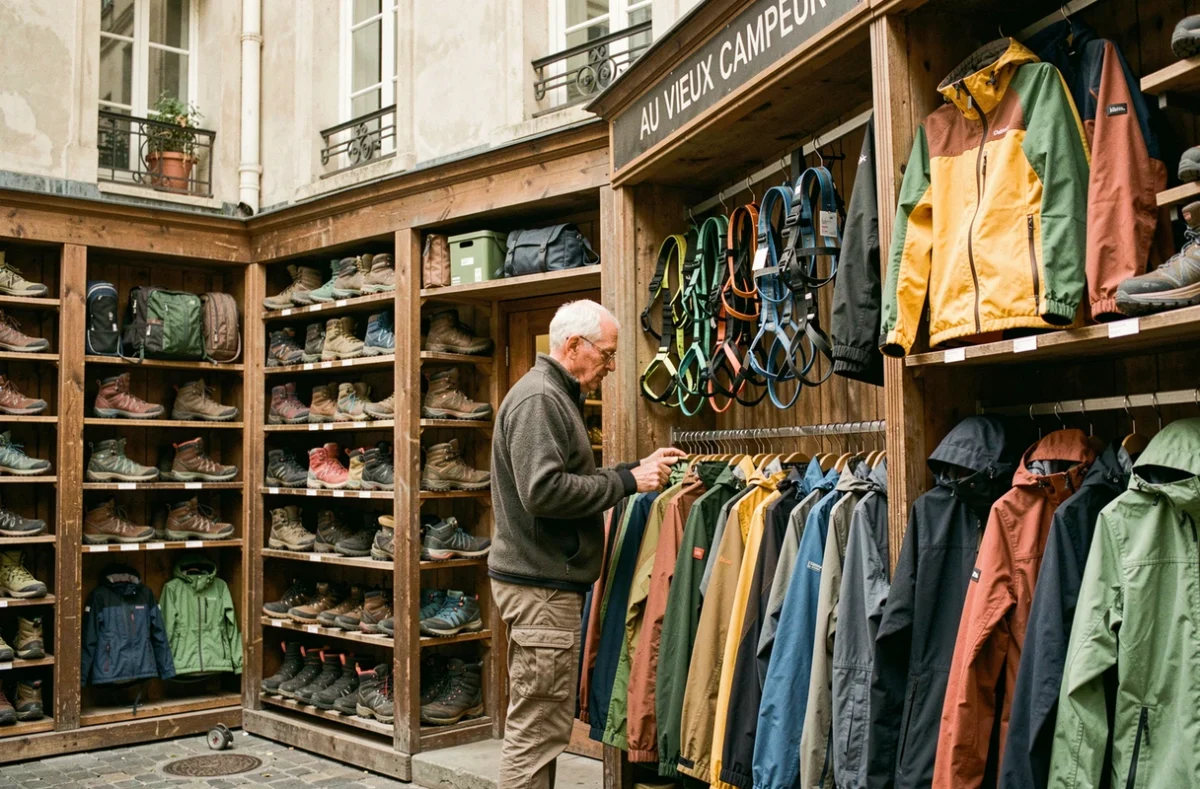 Intérieur de la boutique Au Vieux Campeur avec des équipements outdoor et de randonnée