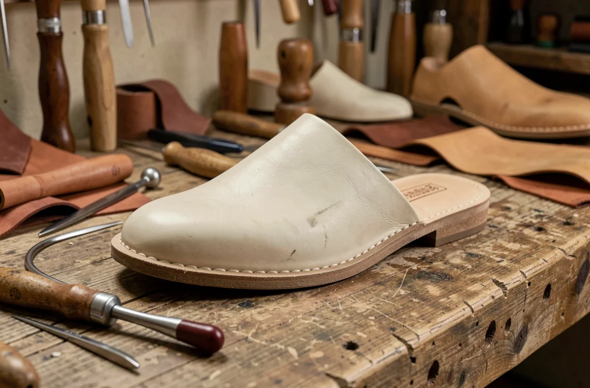 Gros plan d'une babouche artisanale marocaine en cuir naturel non teint sur l'établi d'un cordonnier traditionnel