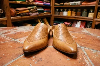 Paire de babouches marocaines en cuir tan pour homme posées sur carrelage en terre cuite dans un souk de médina