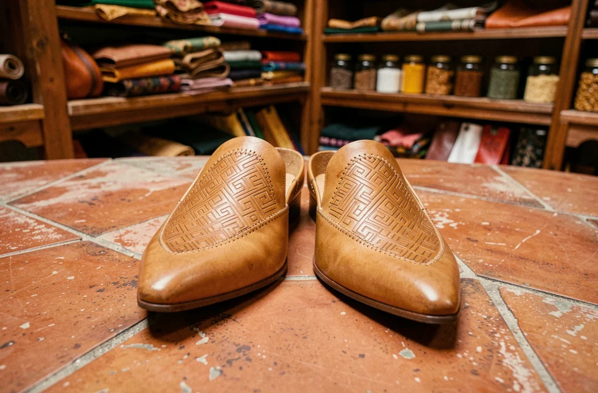 Paire de babouches marocaines en cuir tan pour homme posées sur carrelage en terre cuite dans un souk de médina