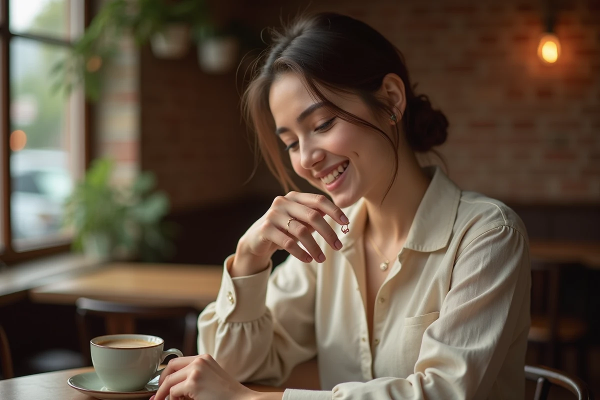 Jeune femme souriante portant une bague cœur magnétique argentée dans un café rustique