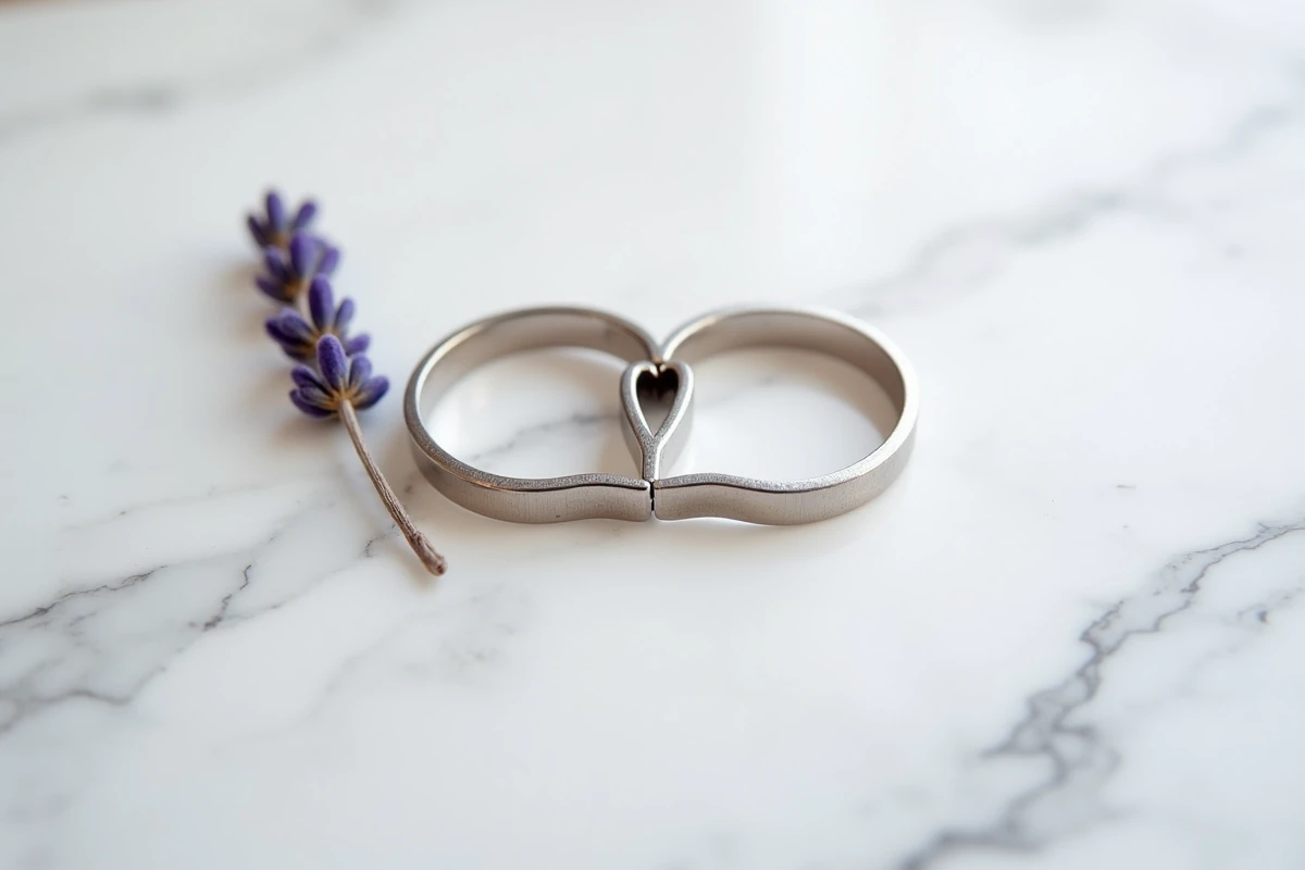 Deux bagues cœur magnétiques posées sur marbre blanc formant un symbole d'amour complet avec brins de lavande séchée