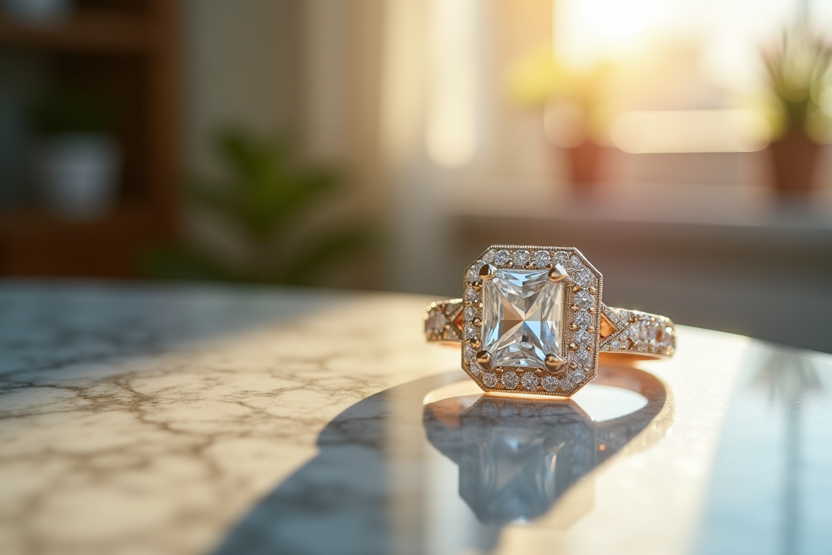 Bague en diamant sur table en marbre éclairée matin