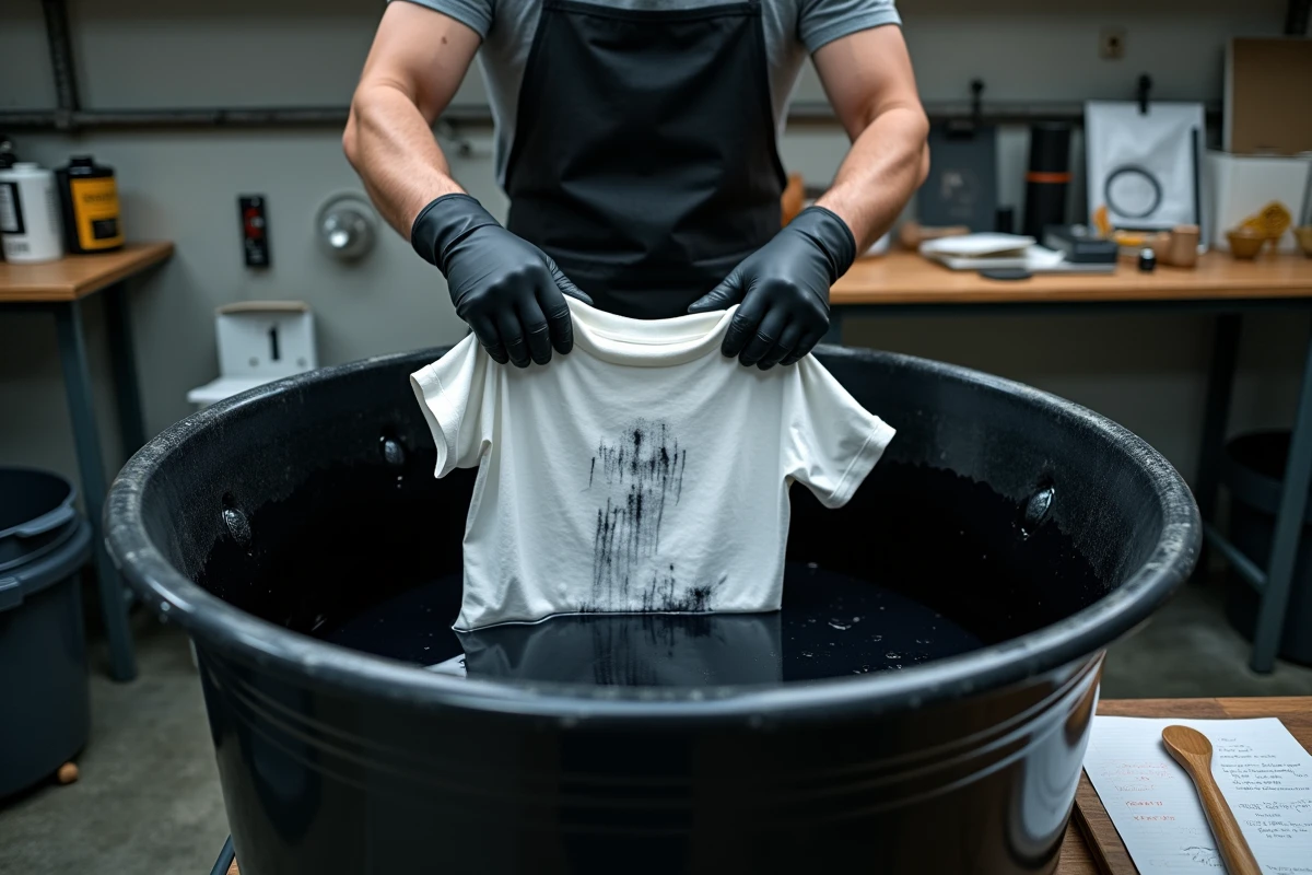 Homme en train de plonger un tee-shirt blanc dans un bain de teinture noire dans une buanderie, avec gants et matériel de teinture visible