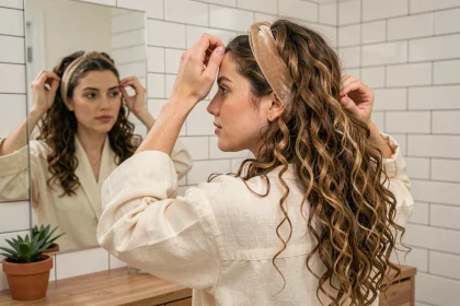 Jeune femme aux cheveux bouclés mi-longs plaçant un bandeau tissu devant un miroir de salle de bain, routine matinale naturelle