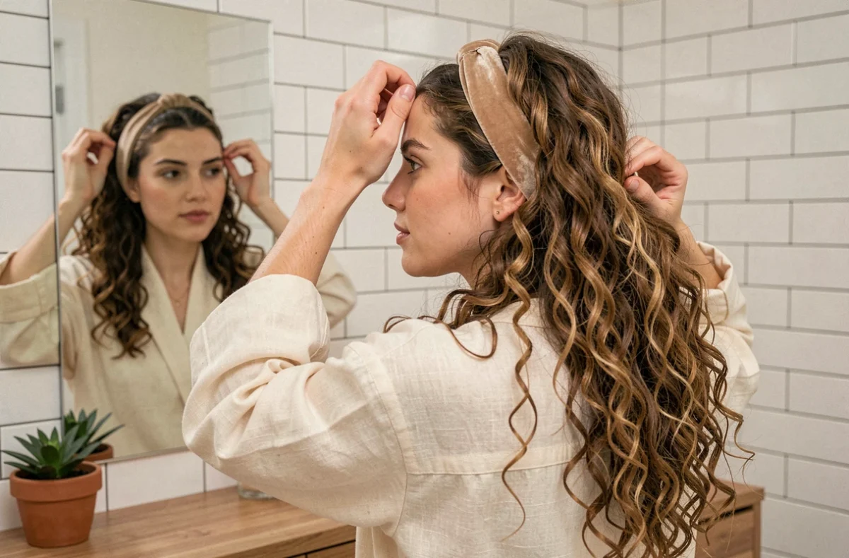 Jeune femme aux cheveux bouclés mi-longs plaçant un bandeau tissu devant un miroir de salle de bain, routine matinale naturelle