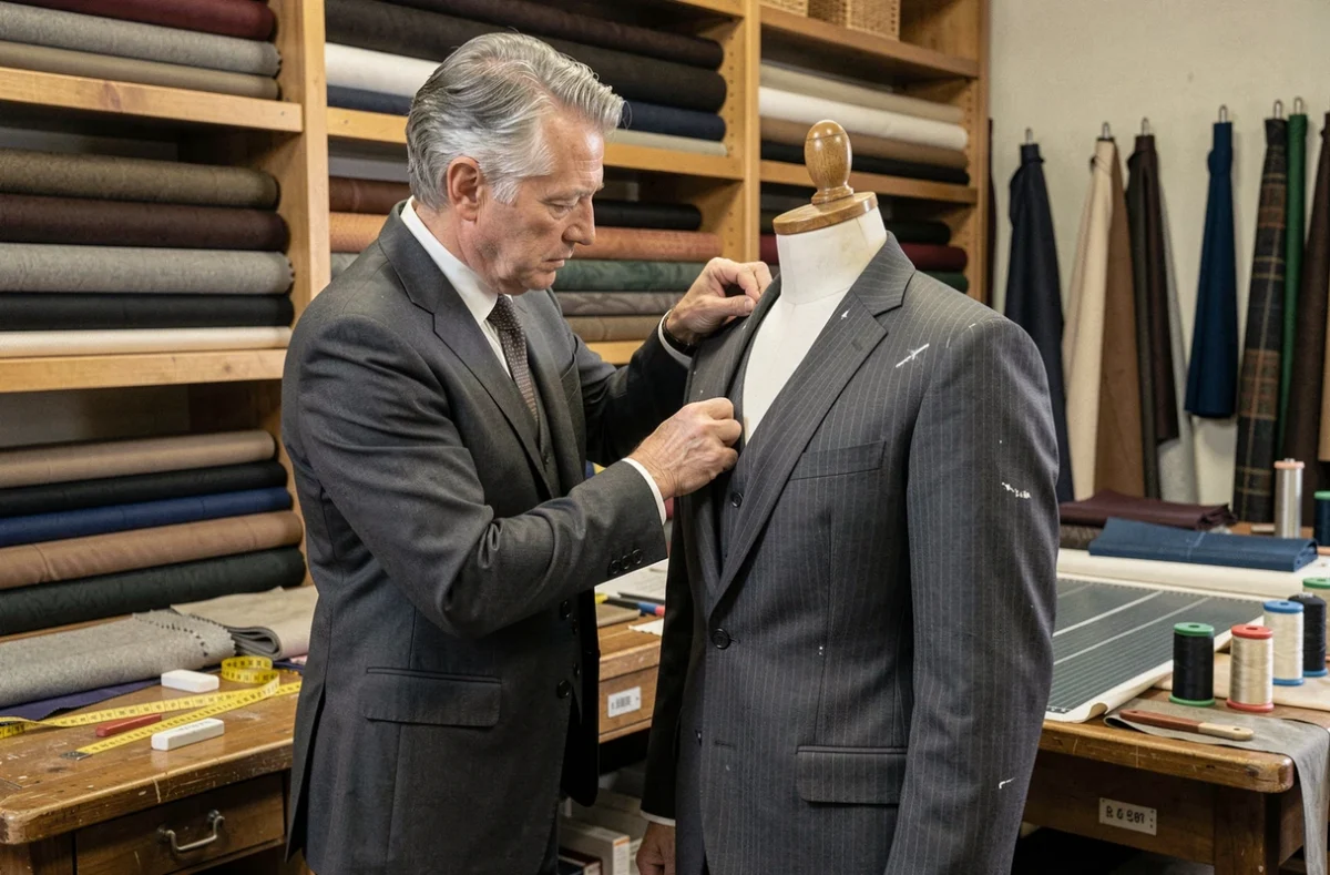 Un tailleur expérimenté ajuste un costume sur mesure dans l'atelier Bernard Kok, spécialiste de la confection masculine à Toulouse