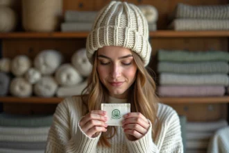 Jeune femme inspectant l'étiquette écoresponsable d'un bonnet en laine naturelle non teinte dans une boutique textile bio