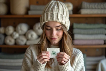 Jeune femme inspectant l'étiquette écoresponsable d'un bonnet en laine naturelle non teinte dans une boutique textile bio