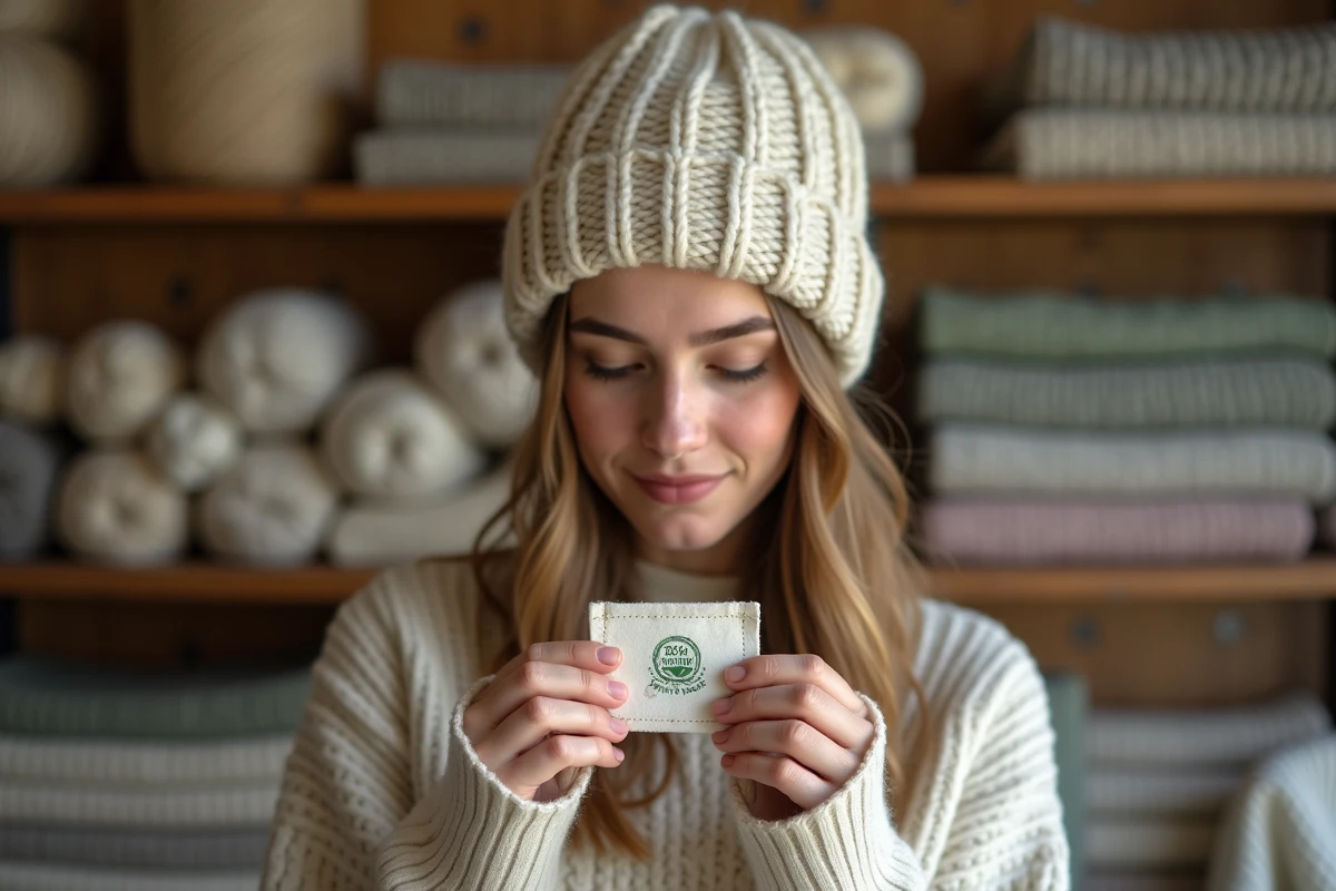 Jeune femme inspectant l'étiquette écoresponsable d'un bonnet en laine naturelle non teinte dans une boutique textile bio