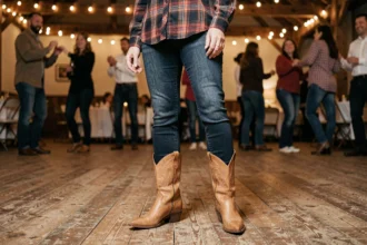 Femme portant des bottines country en cuir tan avec jean slim lors d'une soirée western sur piste de danse en bois