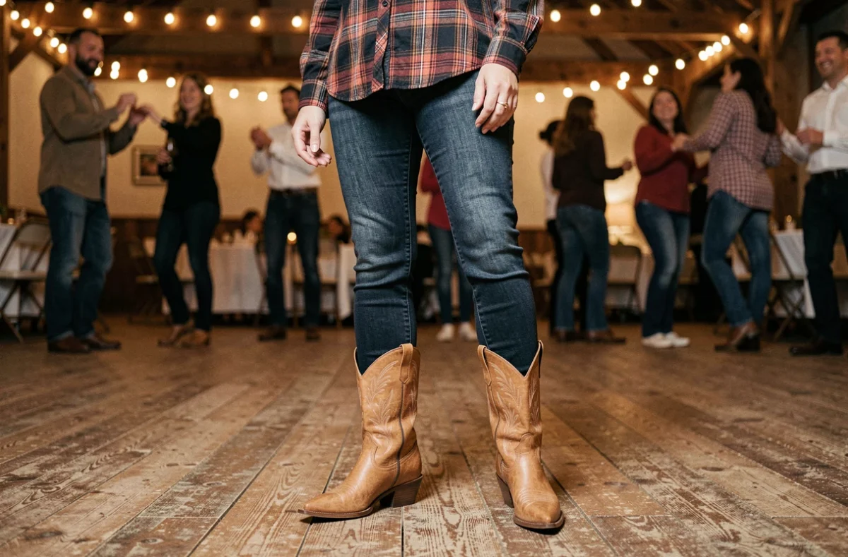 Femme portant des bottines country en cuir tan avec jean slim lors d'une soirée western sur piste de danse en bois