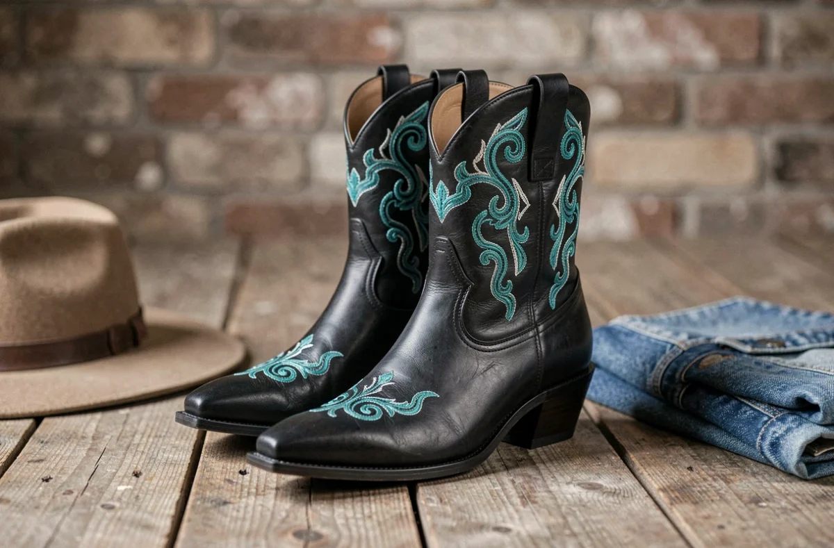 Bottines country femme noires avec broderies turquoise posées sur plancher en bois dans décor western authentique