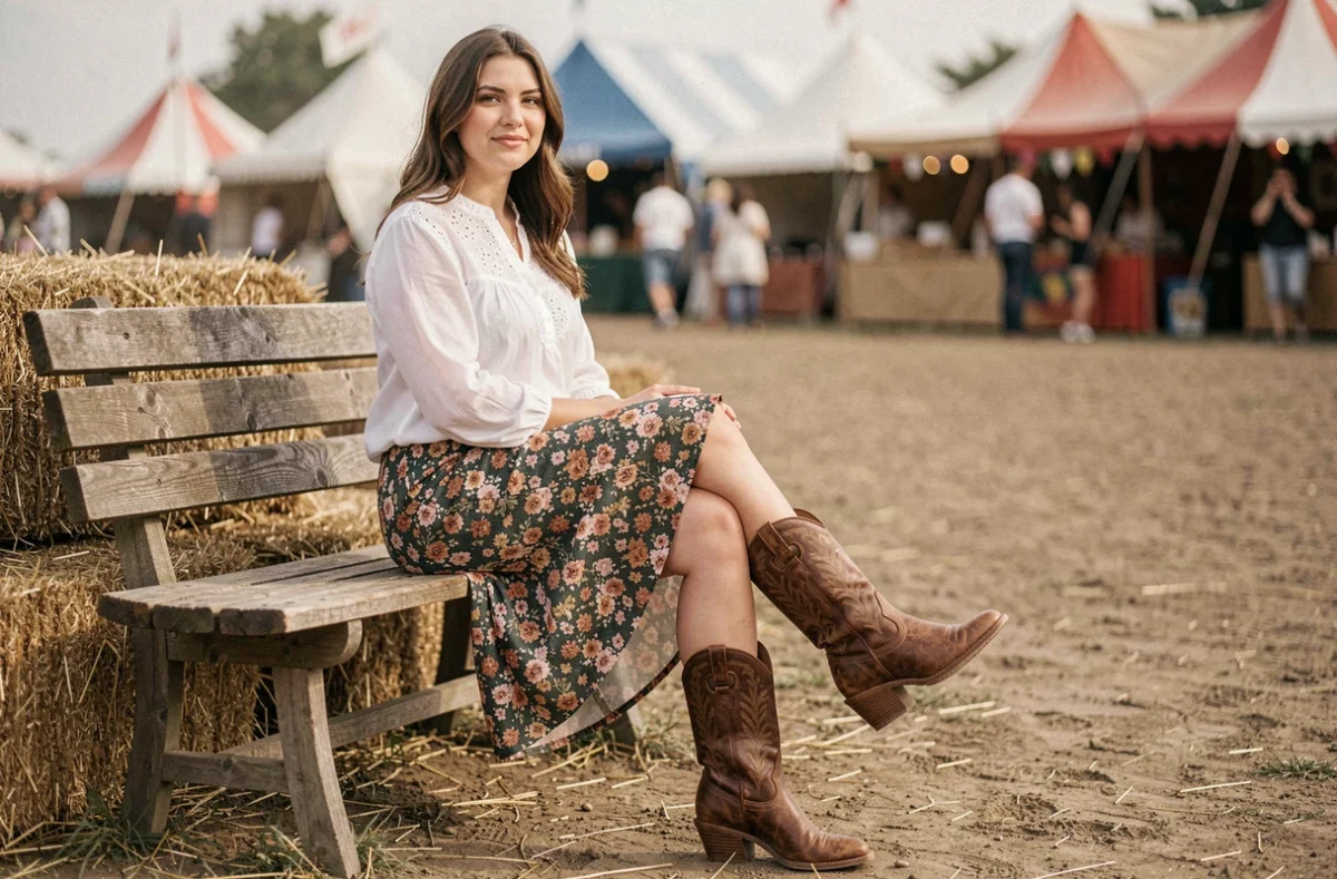 Bottines country western en cuir distressed marron portées avec jupe fleurie lors d'une foire country en plein air