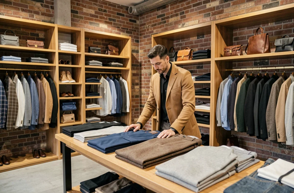 Un homme élégant explore une boutique de mode masculine haut de gamme à Toulouse, avec des vêtements soigneusement disposés sur des étagères en chêne dans un intérieur en briques apparentes