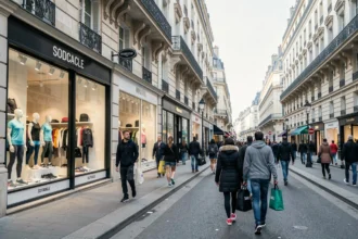 Rue commerçante parisienne avec des boutiques de vêtements de sport en Île-de-France