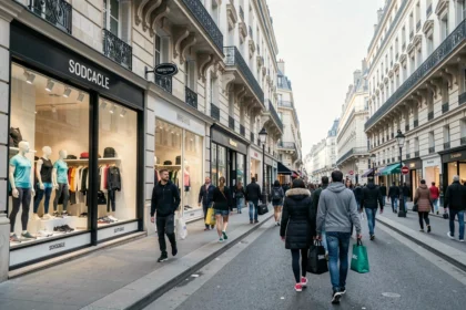 Rue commerçante parisienne avec des boutiques de vêtements de sport en Île-de-France
