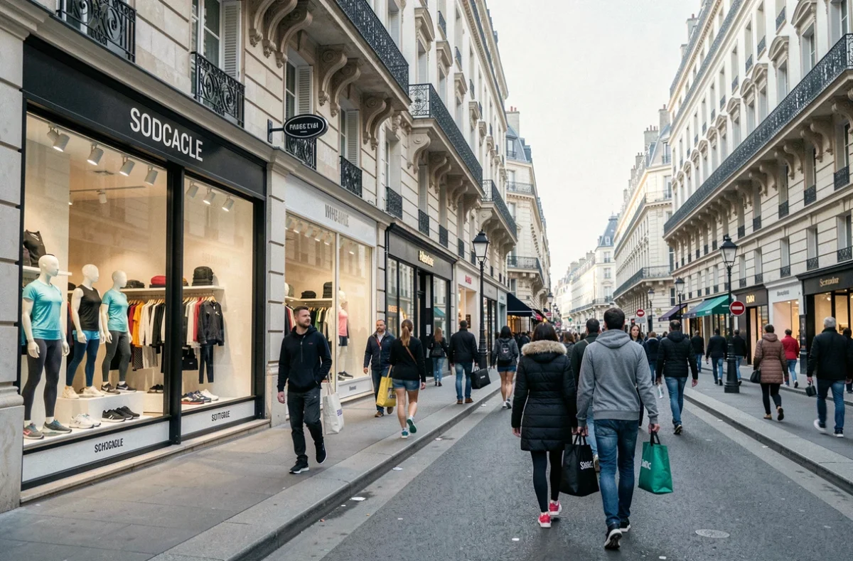 Rue commerçante parisienne avec des boutiques de vêtements de sport en Île-de-France