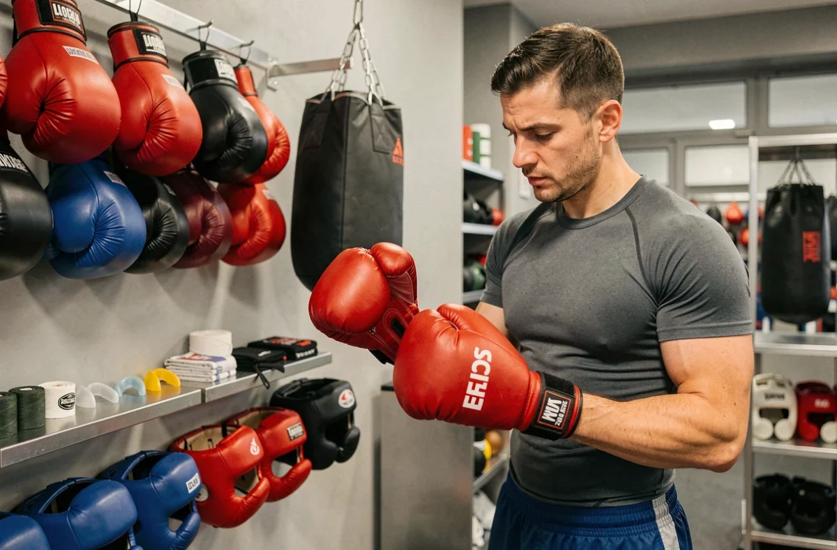 Intérieur de la boutique Boxing Shop Paris avec des gants de boxe et équipements de combat