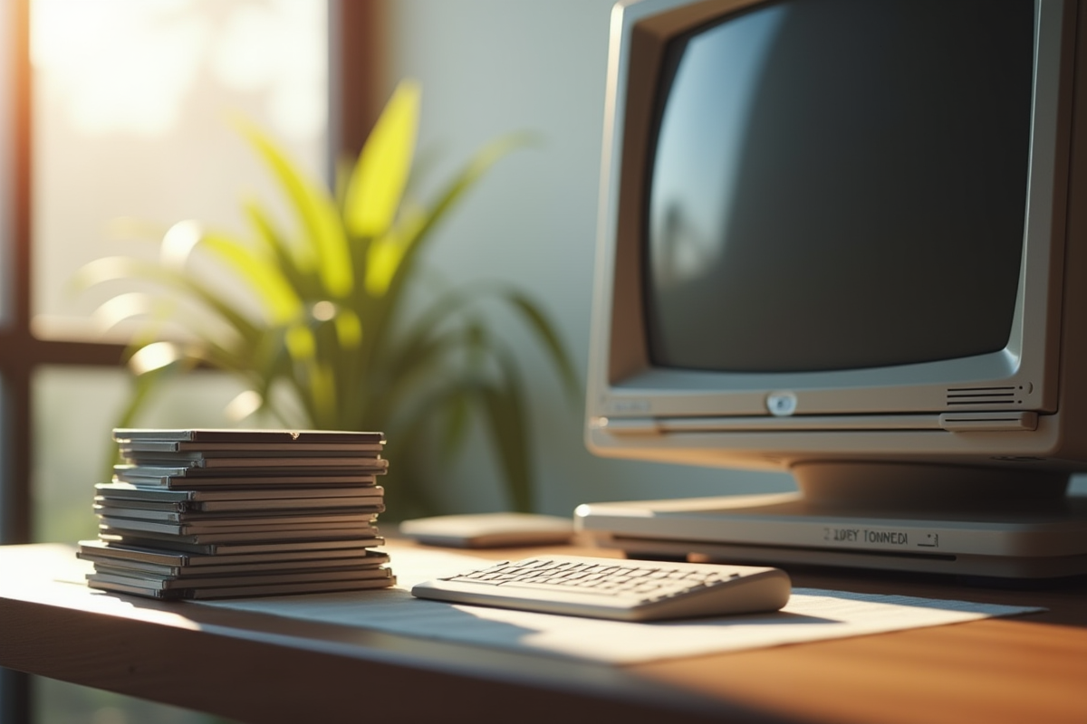 Espace de travail moderne avec ordinateur ancien et DVD