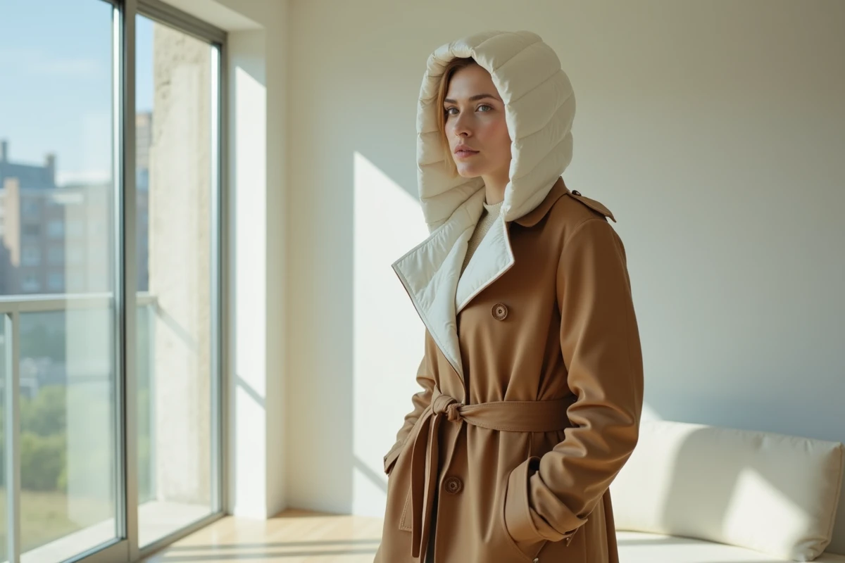 Femme élégante avec une capuche doudoune ivoire sur un trench-coat camel dans un appartement minimaliste lumineux