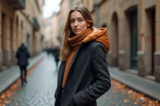 Femme portant une capuche doudoune caramel sur un manteau en laine charbon dans une rue pavée en automne