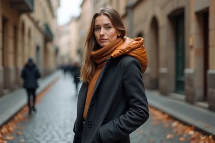 Femme portant une capuche doudoune caramel sur un manteau en laine charbon dans une rue pavée en automne