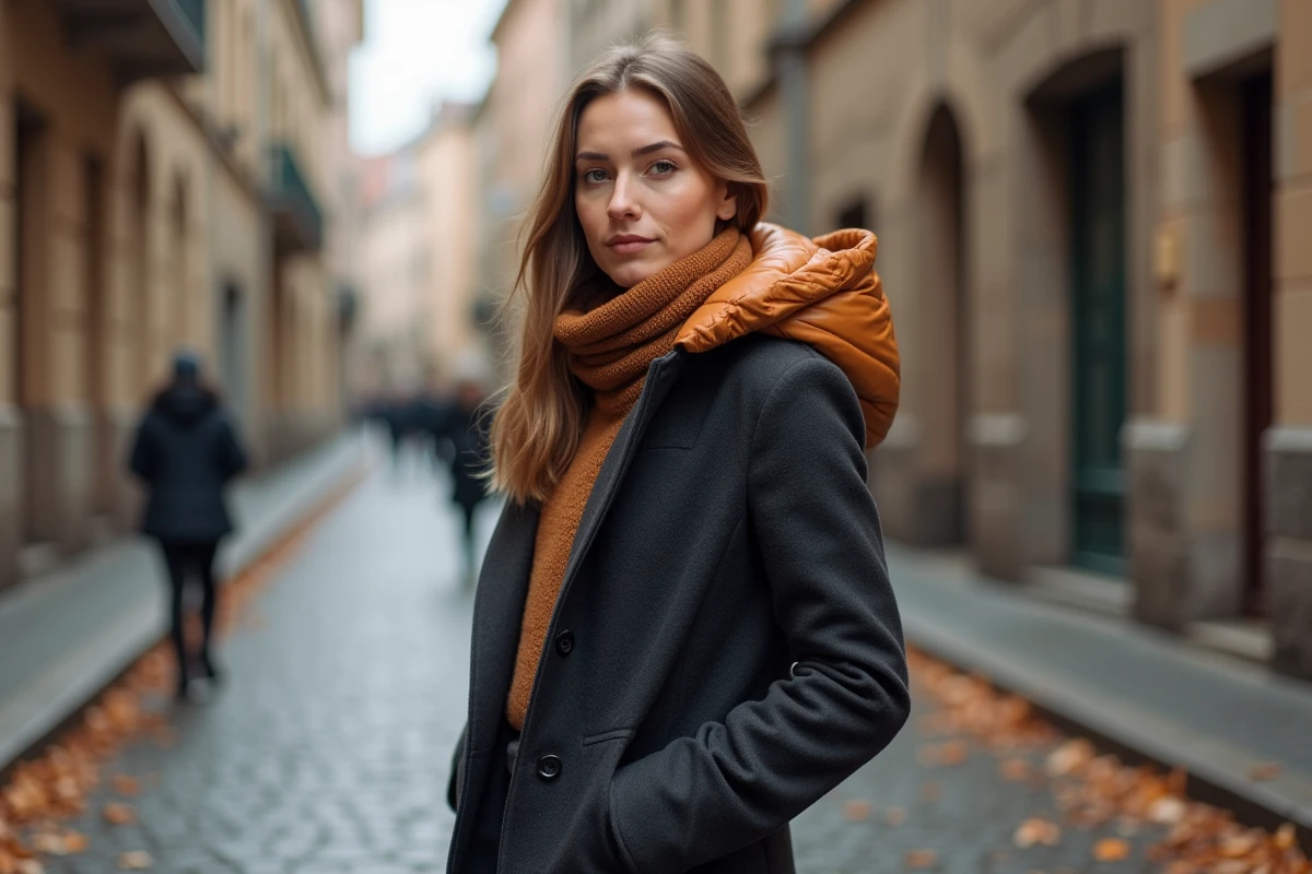 Femme portant une capuche doudoune caramel sur un manteau en laine charbon dans une rue pavée en automne