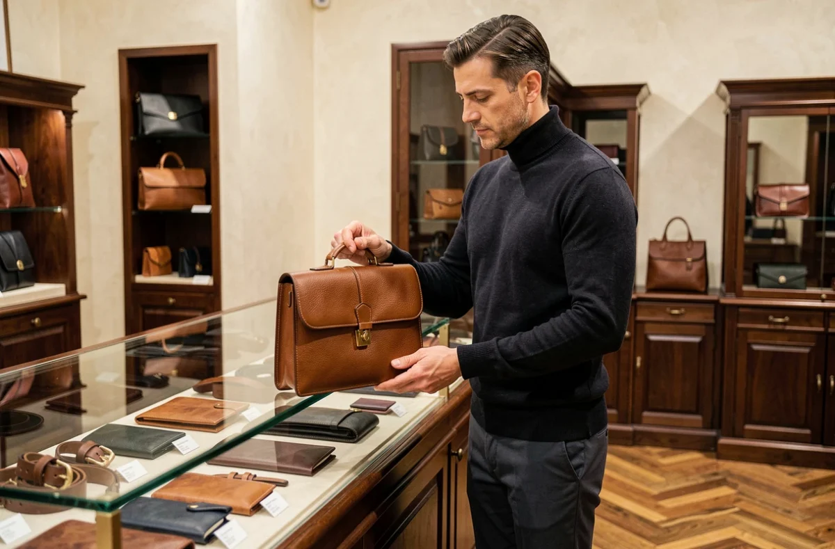 Un homme examine un sac en cuir pleine fleur au comptoir de Cesare Nori, boutique de maroquinerie masculine à Toulouse