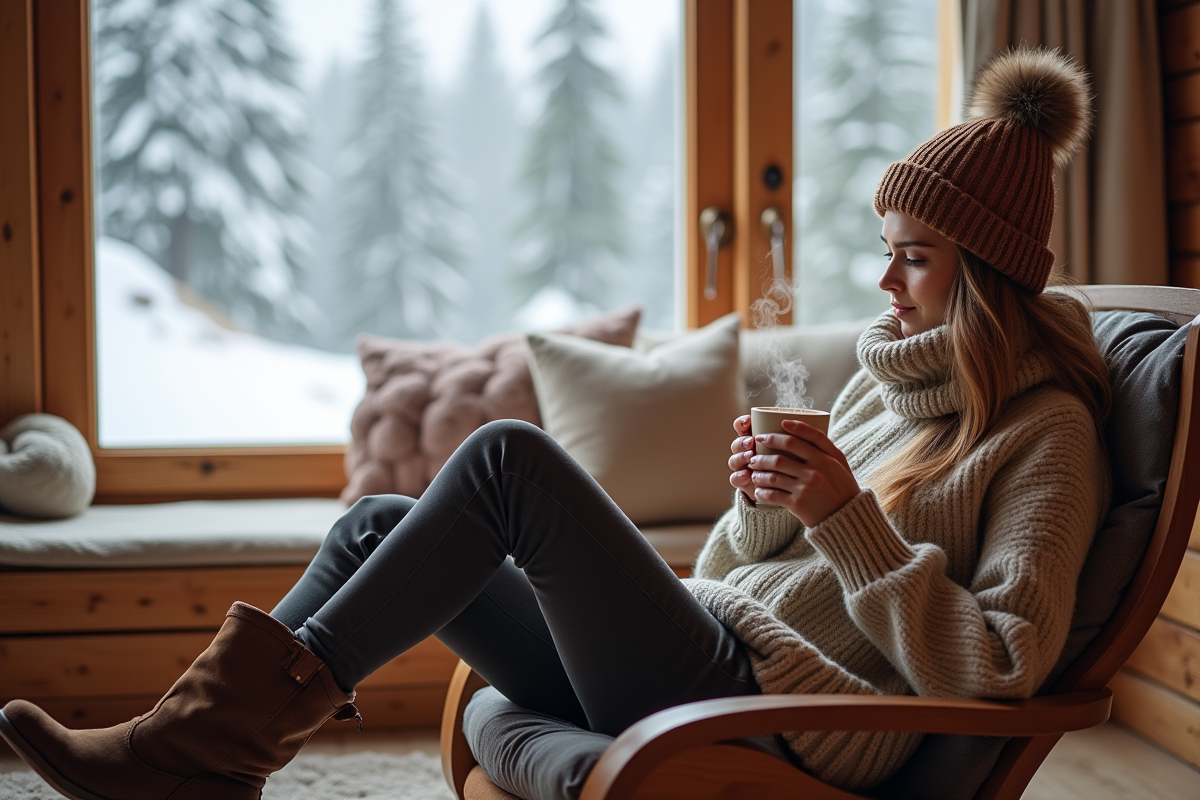 Femme détendue dans un chalet après ski avec vue sur montagne