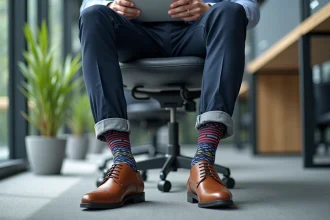 Homme en costume au bureau portant des chaussettes colorées à motifs géométriques visibles sous son pantalon marine retroussé