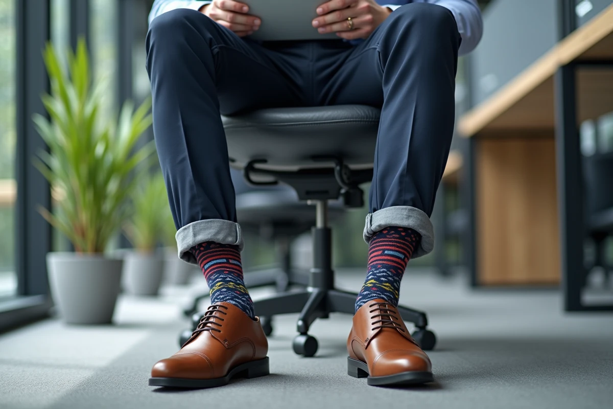 Homme en costume au bureau portant des chaussettes colorées à motifs géométriques visibles sous son pantalon marine retroussé