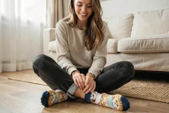 Jeune femme portant des chaussettes humoristiques à motifs chats sur un parquet clair dans un appartement moderne