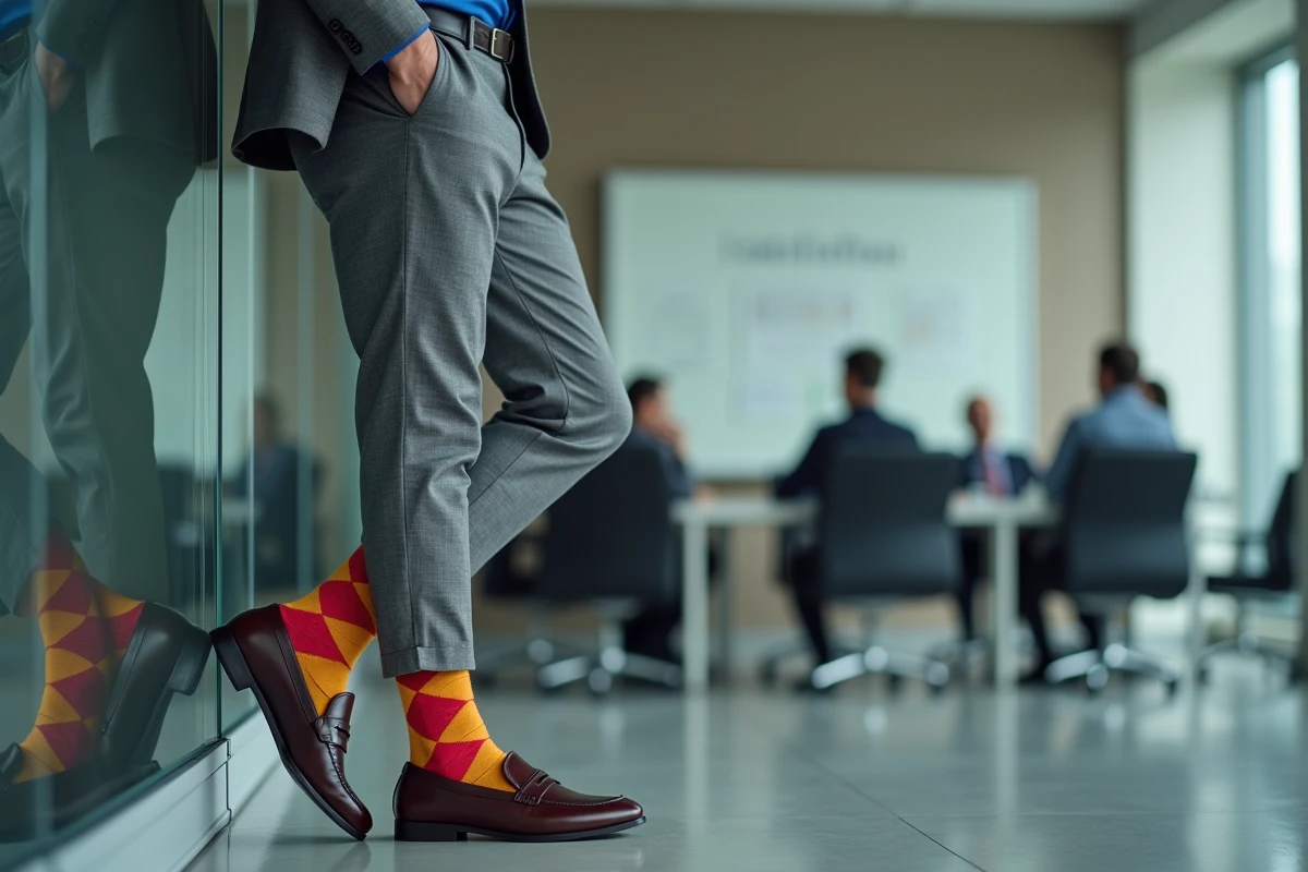 Cadre en costume gris avec des chaussettes à motif argyle rouge et jaune devant une salle de réunion vitrée