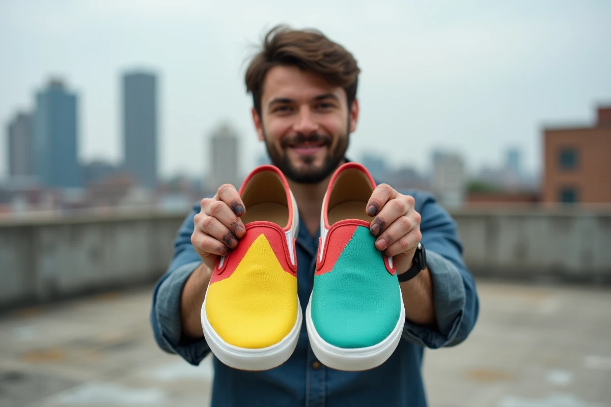 Homme tenant des chaussures en toile peintes à la main avec des motifs géométriques colorés sur un toit urbain