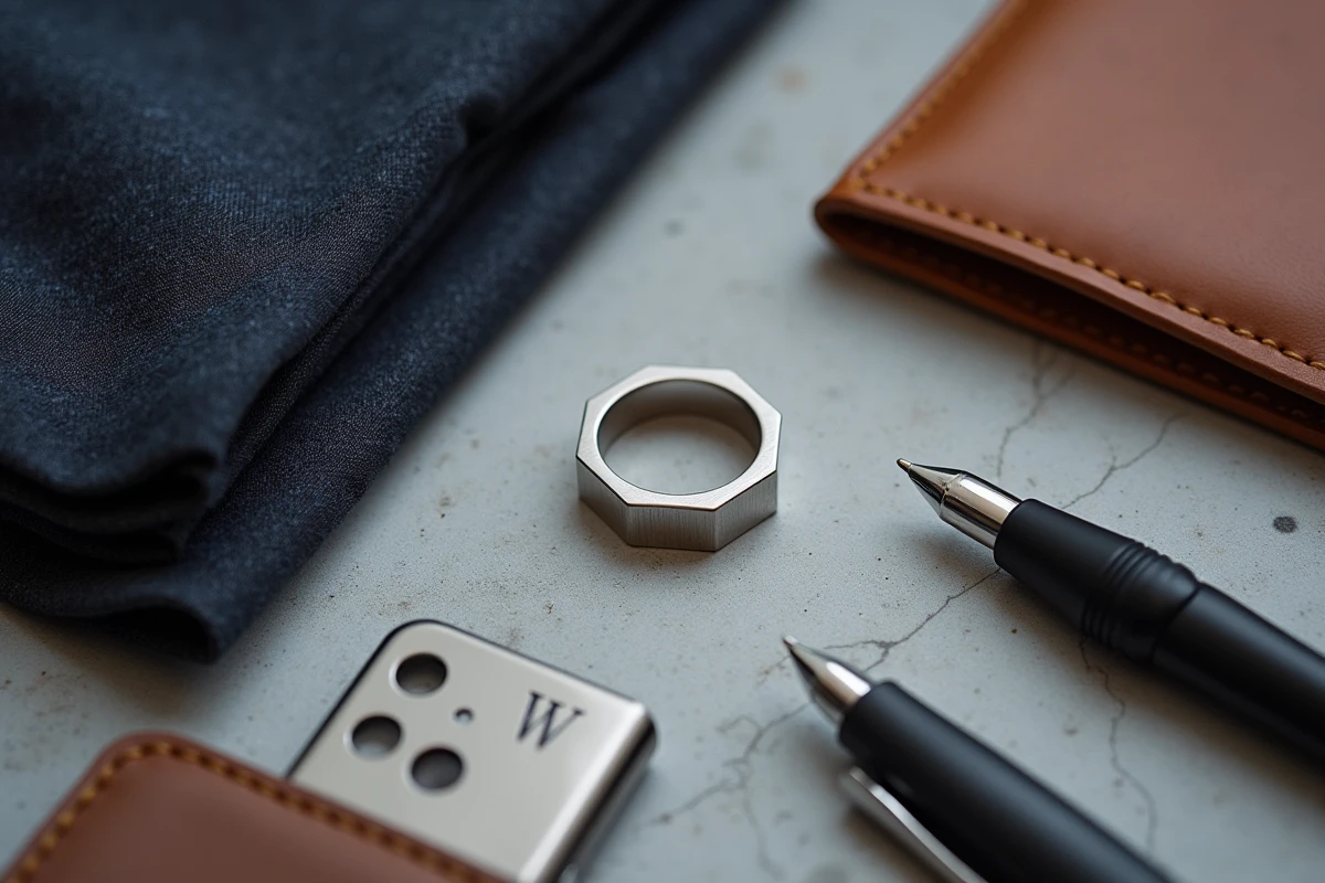Chevalière argent à graver pour homme posée dans un flat-lay avec accessoires masculins sur béton
