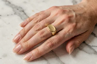 Chevalière femme en or jaune 18 carats portée à l'annulaire, posée sur marbre blanc, alternative moderne à la bague de fiançailles