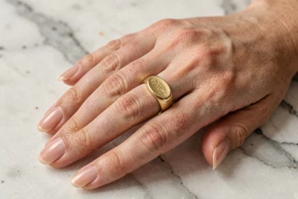 Chevalière femme en or jaune 18 carats portée à l'annulaire, posée sur marbre blanc, alternative moderne à la bague de fiançailles
