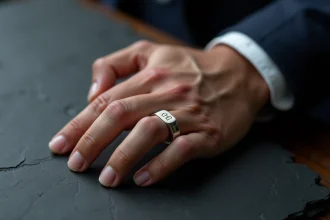 Chevalière homme argent gravée portée sur une main masculine posée sur une surface en ardoise sombre
