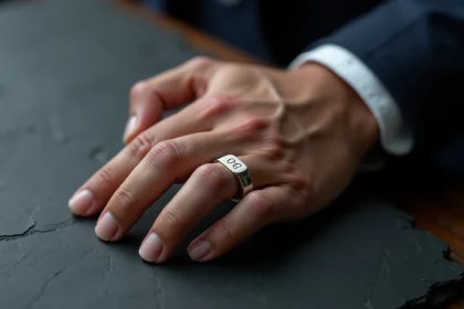 Chevalière homme argent gravée portée sur une main masculine posée sur une surface en ardoise sombre